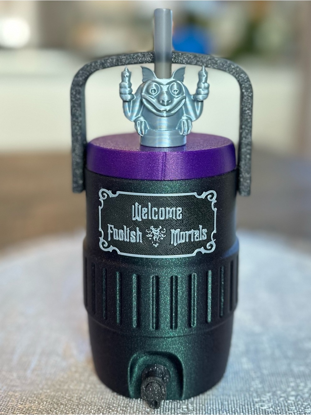 Disney Haunted Mansion Halloween themed Can Cooler with Gargoyle Straw Topper